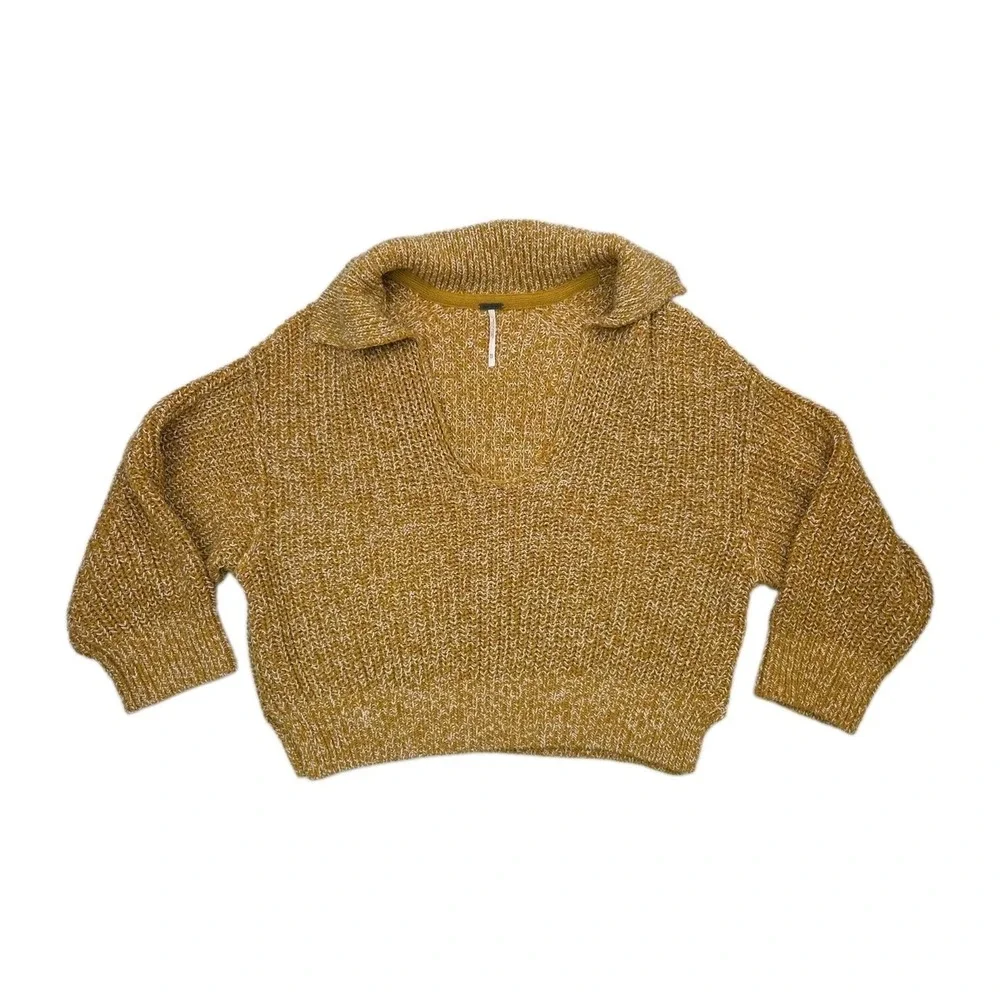 Free People Love This City Sweater V Neck Cropped Collar Yellow Gold Size XS